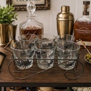 Vintage Libbey Lowball Whiskey Glasses Set w/Carriage Antique Car Images Barware